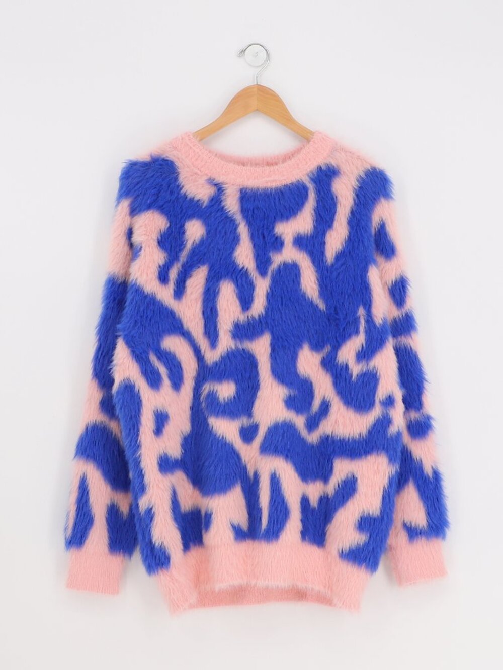 NWT AELFIC EDEN Fuzzy Knit Crewneck Sweater Pink Blue Abstract Pattern Size M